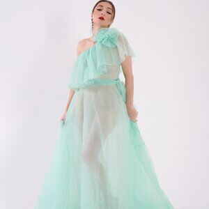 SHEER SOFT GREEN RUFFLE ONE SHOULDER FLOWING COUTURE DRESS